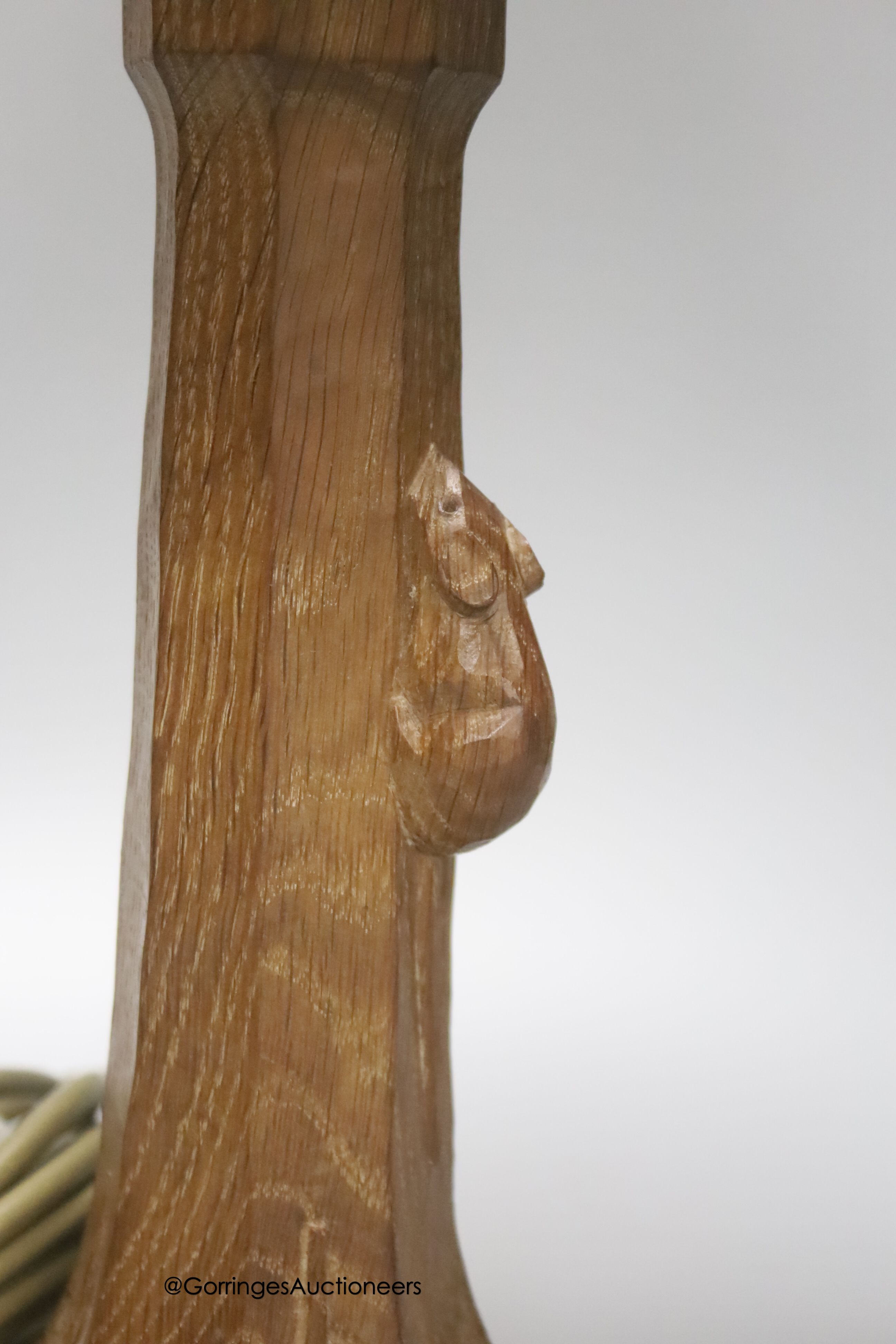 A Mouseman carved oak table lamp, 26cm excluding light fitting